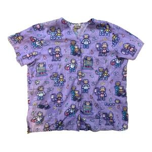 Simply Basic Scrub Top Women 2XL Purple Medical Robot Print V-Neck‎ Pockets